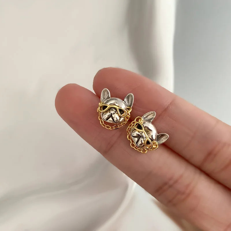 French Bulldog Silver Stud Earrings with Glasses – Cute Frenchie Dog Lover Gift