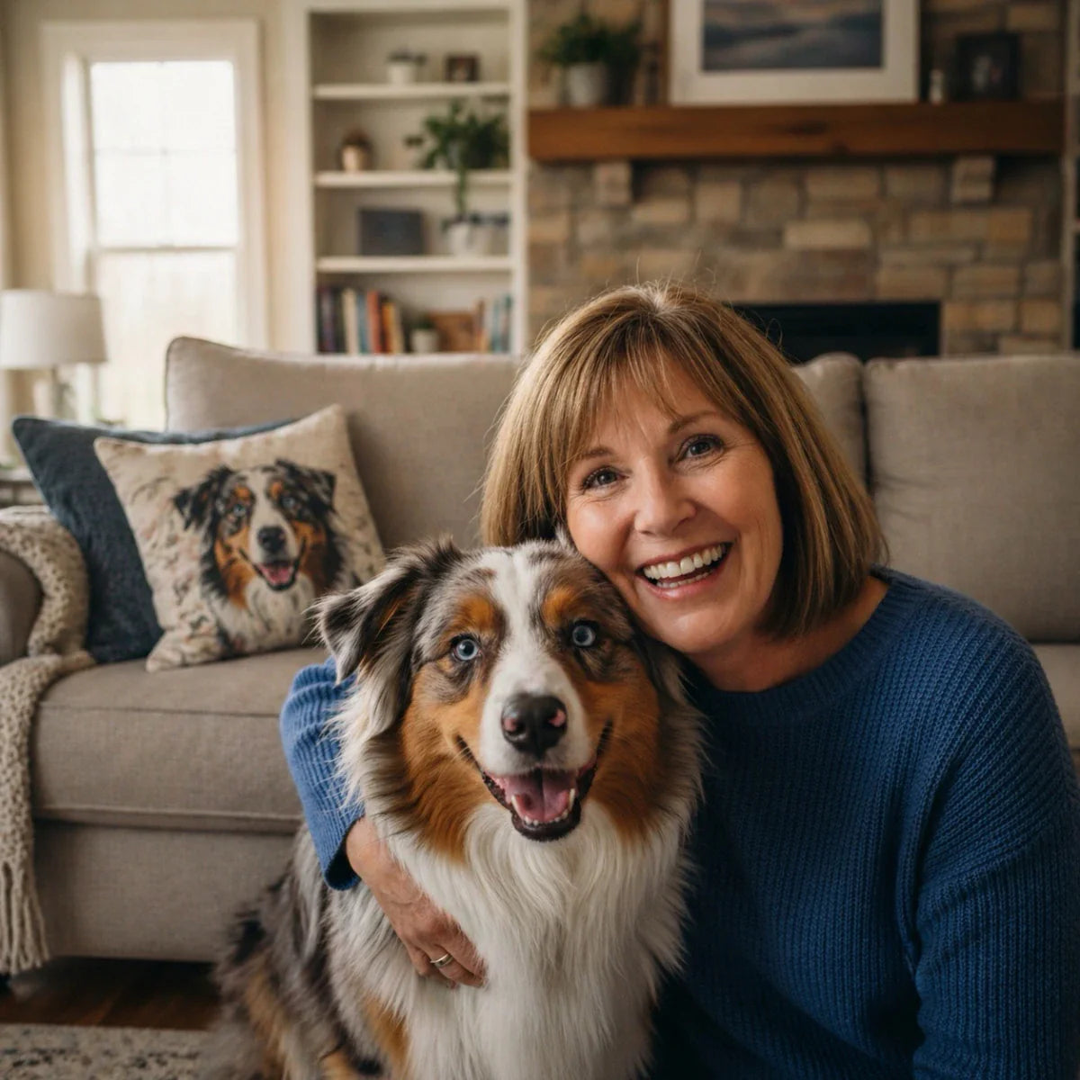 A woman in a blue sweater smiles while hugging her Australian Shepherd dog. The scene includes a breed-themed throw pillow on the sofa, showcasing the variety of Australian Shepherd Gift items like home decor and apparel.