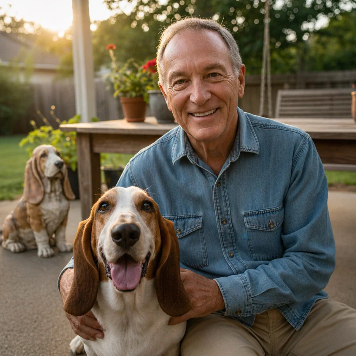 A man in a blue shirt smiling with his real Basset Hound on a sunny patio, next to a realistic Basset Hound garden statue. A collection of Basset Hound Gift ideas, including home and garden decor and apparel for owners.