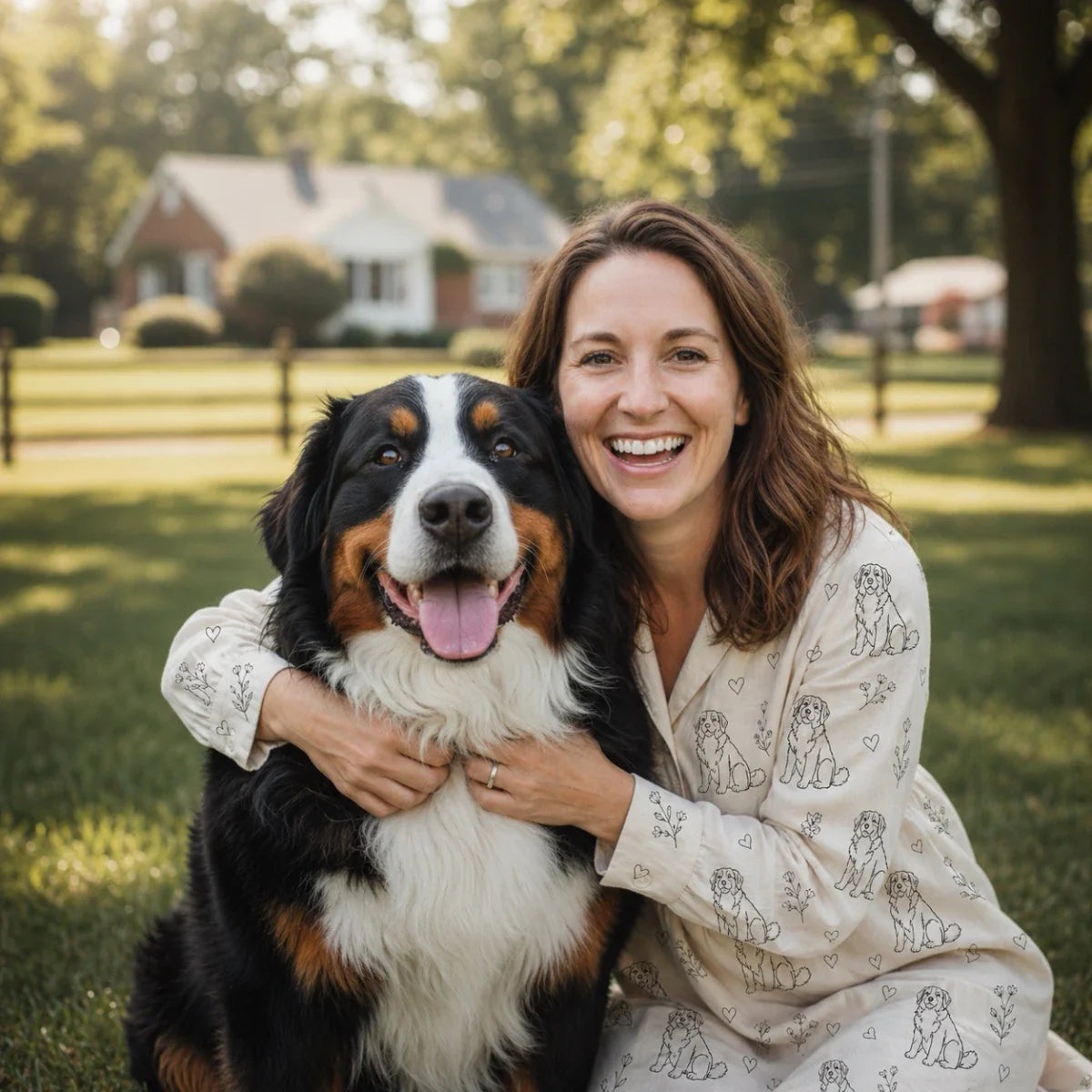 A smiling woman hugs her Bernese Mountain Dog outdoors while wearing breed-patterned pajamas. This Bernese Mountain Dog Gift collection includes themed apparel, home decor, and unique accessories for pet owners.