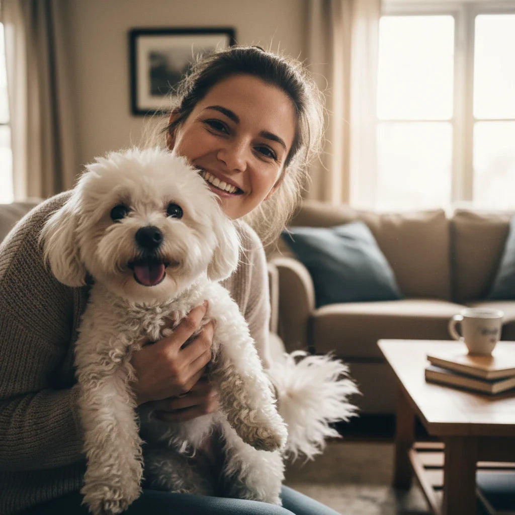 A smiling woman holds her fluffy white Bichon Frise in a bright living room. This Bichon Frise Gift collection features a variety of breed-specific apparel, home decor, plush toys, and accessories for pet parents.