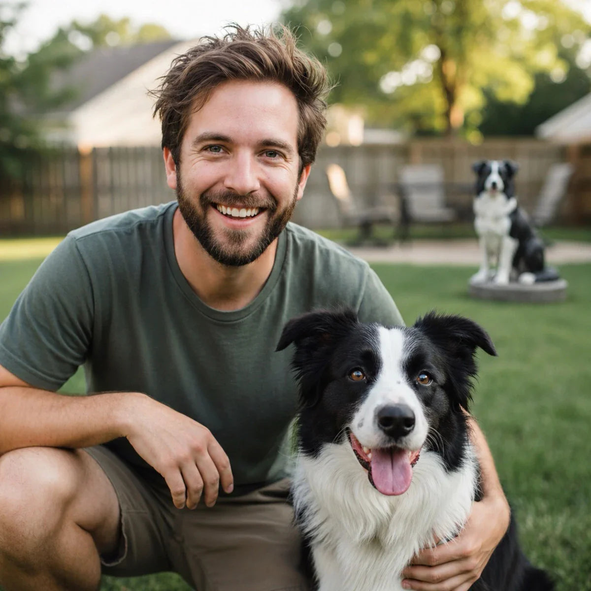 A smiling man in a green t-shirt poses in a backyard with his Border Collie, with a breed statue visible behind them. This Border Collie Gift collection features home and garden decor, apparel, and unique pet accessories.