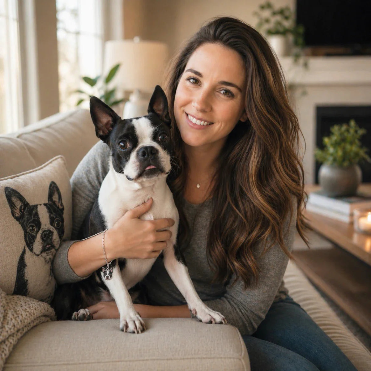 A smiling woman on a sofa hugging her Boston Terrier, featuring a breed-themed throw pillow and a dog-charm bracelet. This Boston Terrier Gift collection includes home decor, jewelry, apparel, and accessories for pet owners.