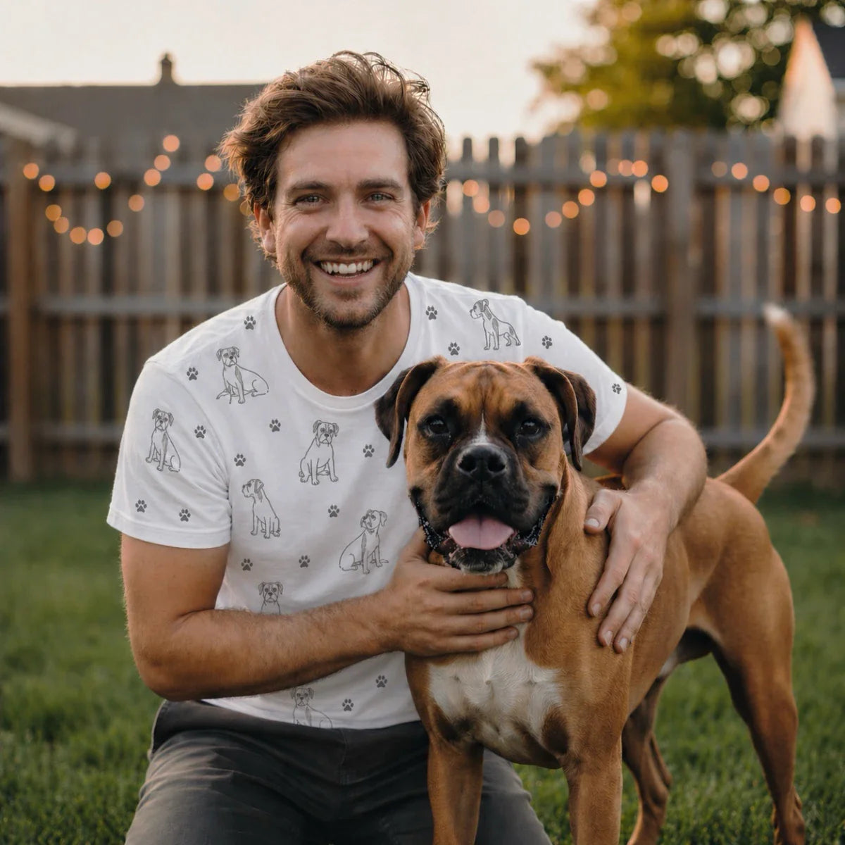 A smiling man in a Boxer-patterned t-shirt kneels in a grassy yard with his Boxer dog. This Boxer Gift collection features breed-specific apparel, home decor, plush toys, and unique holiday ornaments for pet lovers.