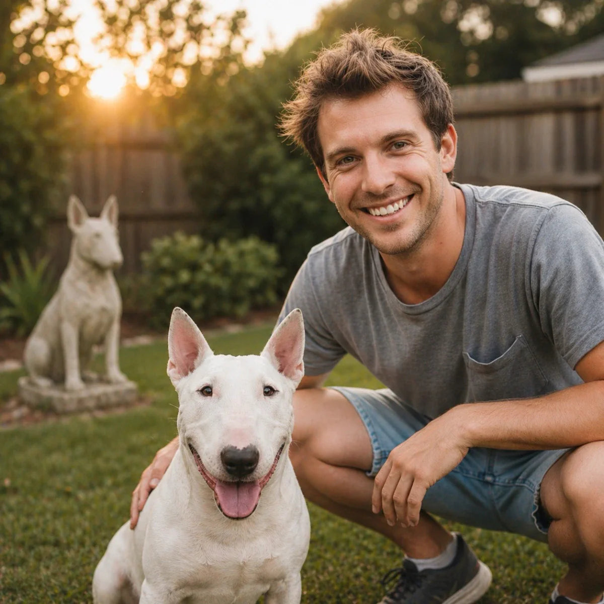 A smiling man in a grey t-shirt crouches in a backyard with his white Bull Terrier, next to a breed-themed garden statue. This Bull Terrier Gift collection features home decor, apparel, and unique pet accessories.