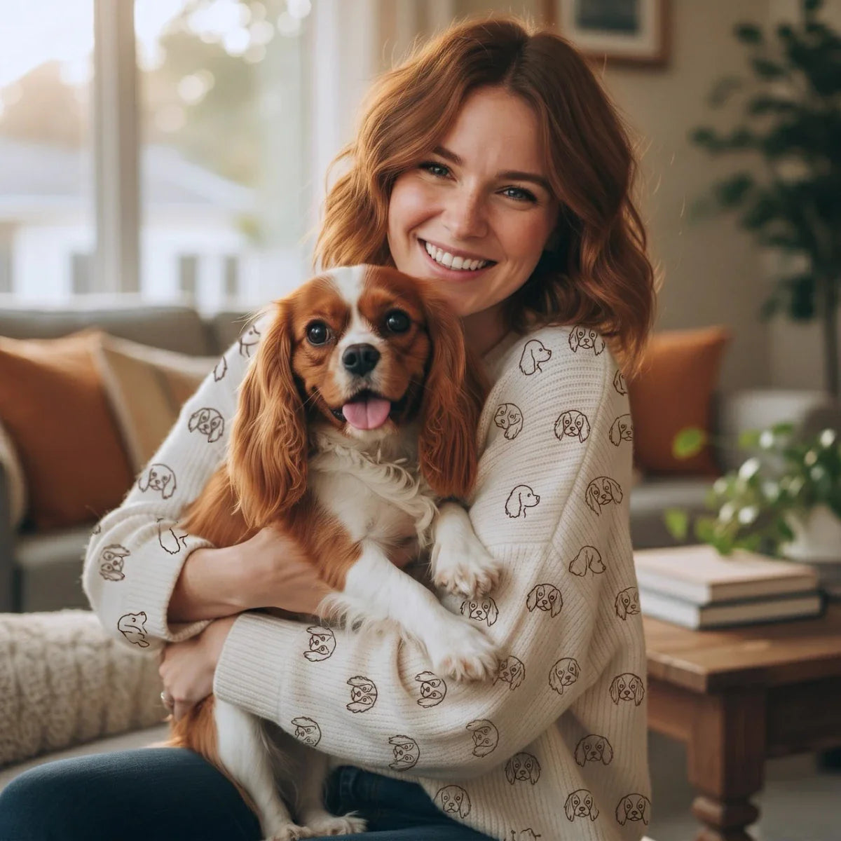 A smiling woman in a Cavalier King Charles Spaniel patterned sweater holds her dog in a cozy living room. This Cavalier King Charles Spaniel Gift collection features breed-themed apparel, home decor, and pet accessories.