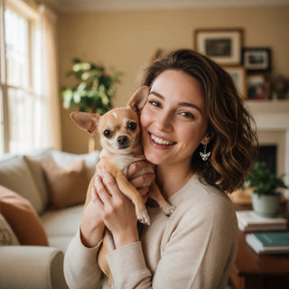 A smiling woman holds a tan Chihuahua in a living room, wearing breed-themed silver earrings. This Chihuahua Gift collection features unique jewelry, home decor, apparel, and holiday ornaments for dedicated pet parents.