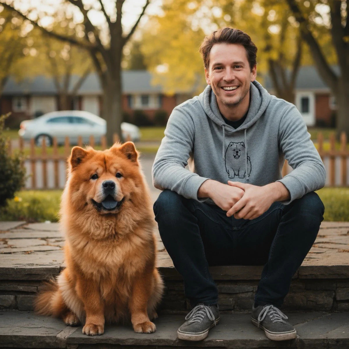A smiling man in a Chow Chow graphic hoodie sits on stone steps with his fluffy Chow Chow dog. This Chow Chow Gift collection features breed-specific apparel, home decor, stuffed animals, and unique holiday ornaments.