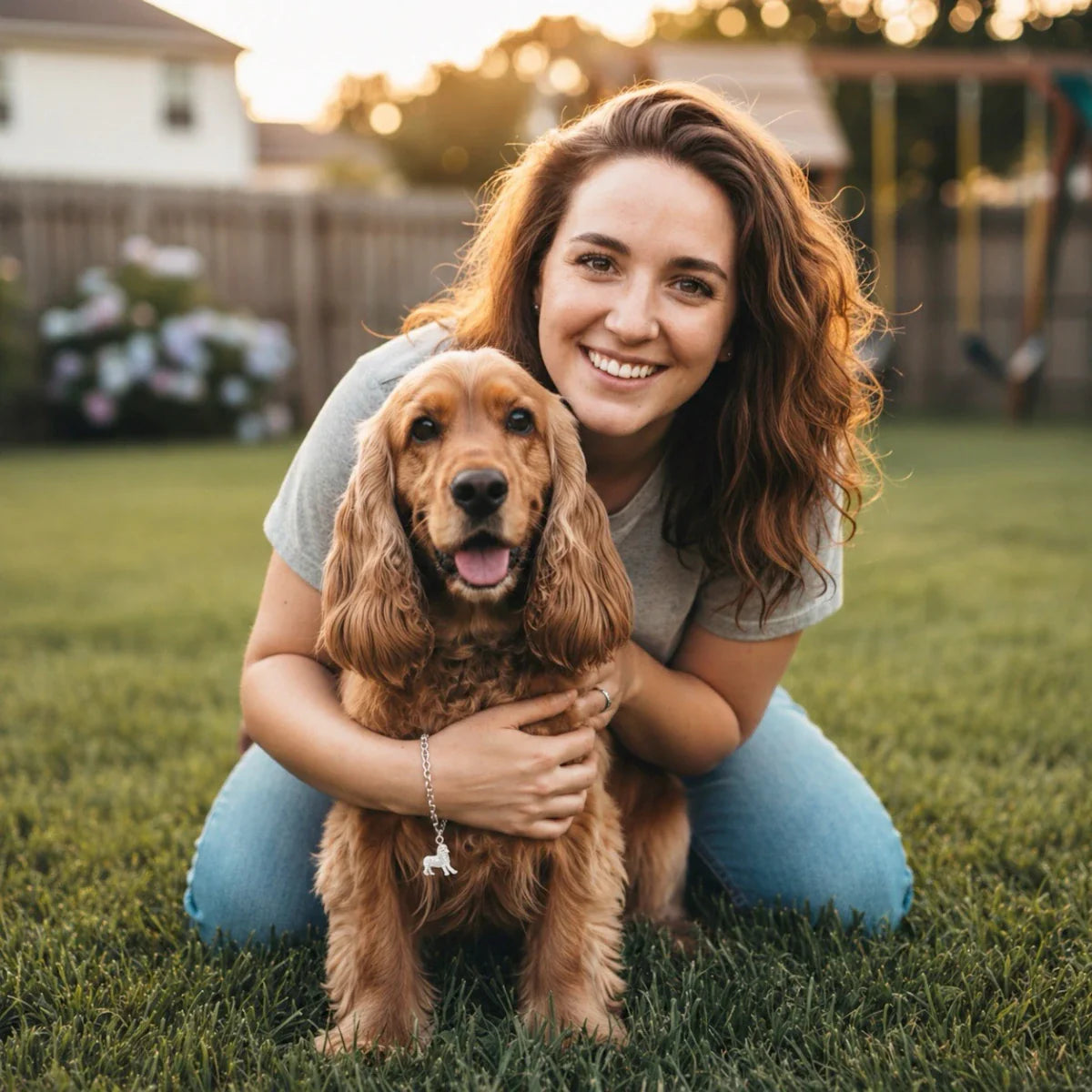 A smiling woman kneels on the grass with her golden Cocker Spaniel, wearing a silver breed-charm bracelet. This Cocker Spaniel Gift collection features unique jewelry, apparel, home decor, and accessories for pet owners.