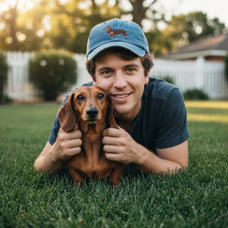 A smiling man in a blue Dachshund-embroidered baseball cap lies on the grass with his Dachshund. This Dachshund Gift collection features breed-specific apparel, home decor, plush toys, and unique holiday ornaments.