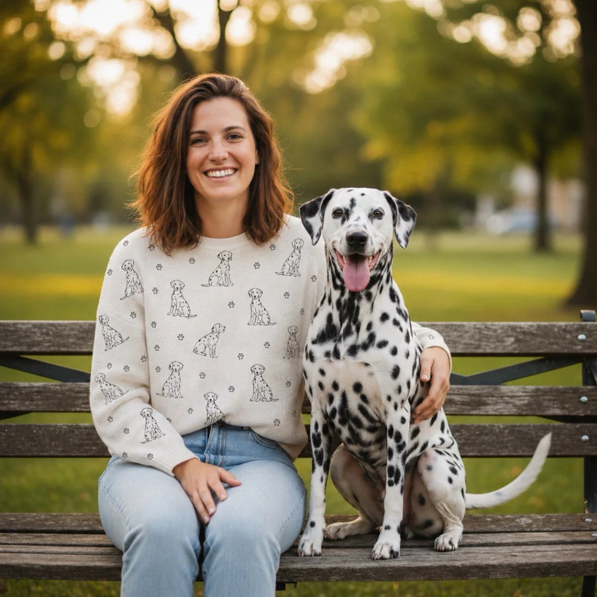 A smiling woman in a Dalmatian-patterned sweater sits on a park bench with her Dalmatian dog. This Dalmatian Gift collection features breed-specific apparel, home decor, plush toys, and unique holiday ornaments.