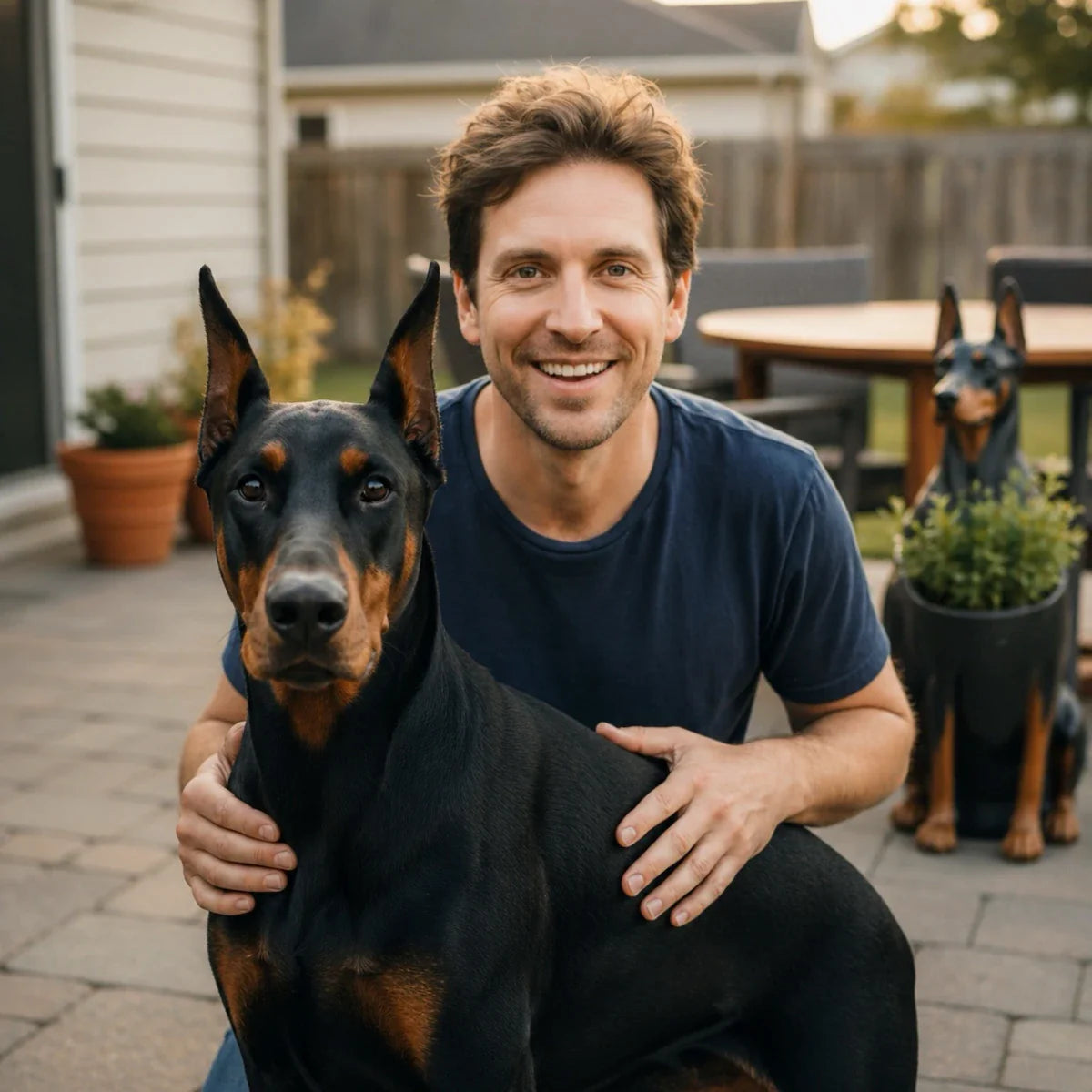 A smiling man in a navy t-shirt poses on a patio with his Doberman Pinscher, next to a breed-themed garden planter. This Doberman Pinscher Gift collection features home decor, apparel, and unique accessories for pet owners.