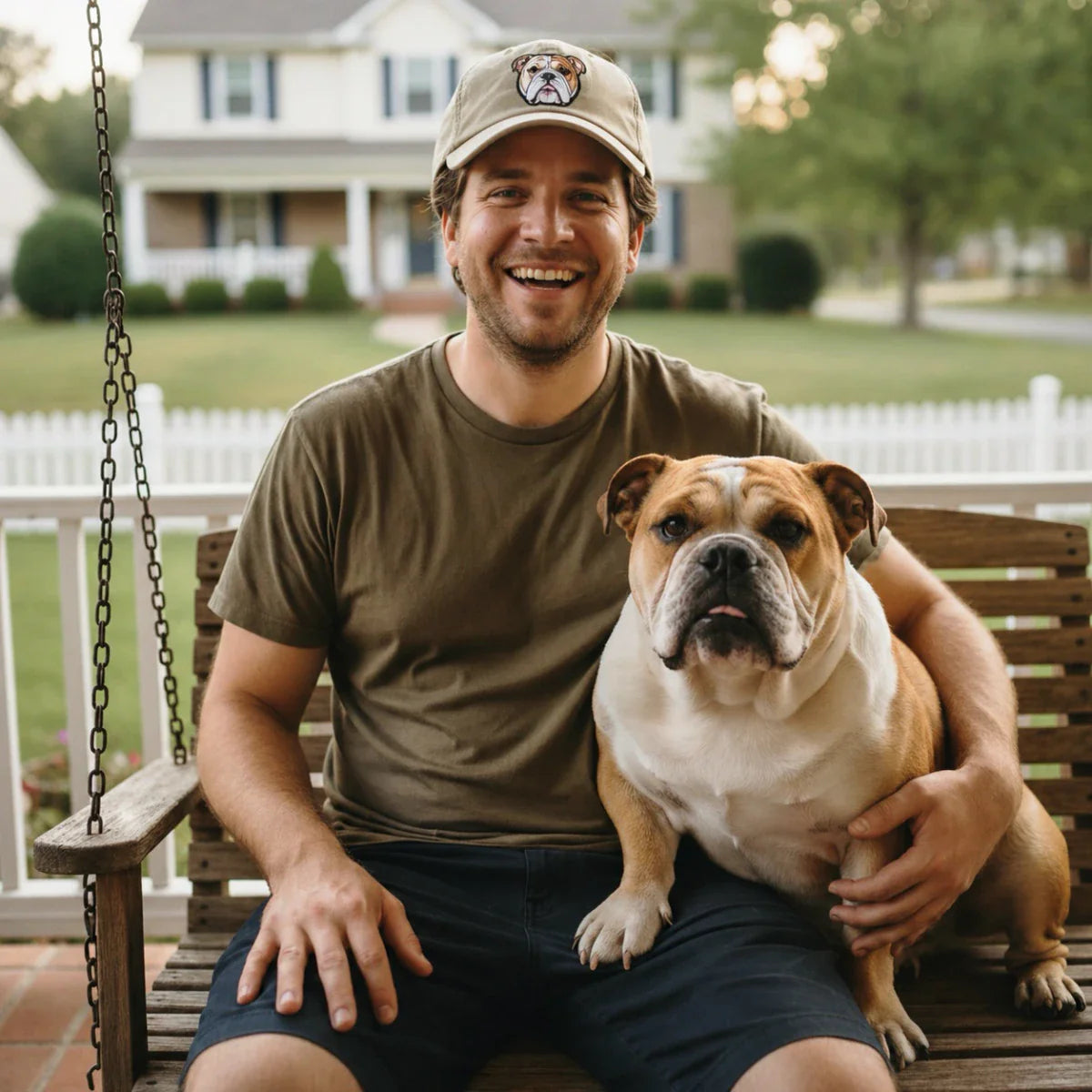 A smiling man wearing an English Bulldog embroidered hat sits on a porch swing with his bulldog. This English Bulldog Gift collection features breed-specific apparel, home decor, plush toys, and holiday ornaments.
