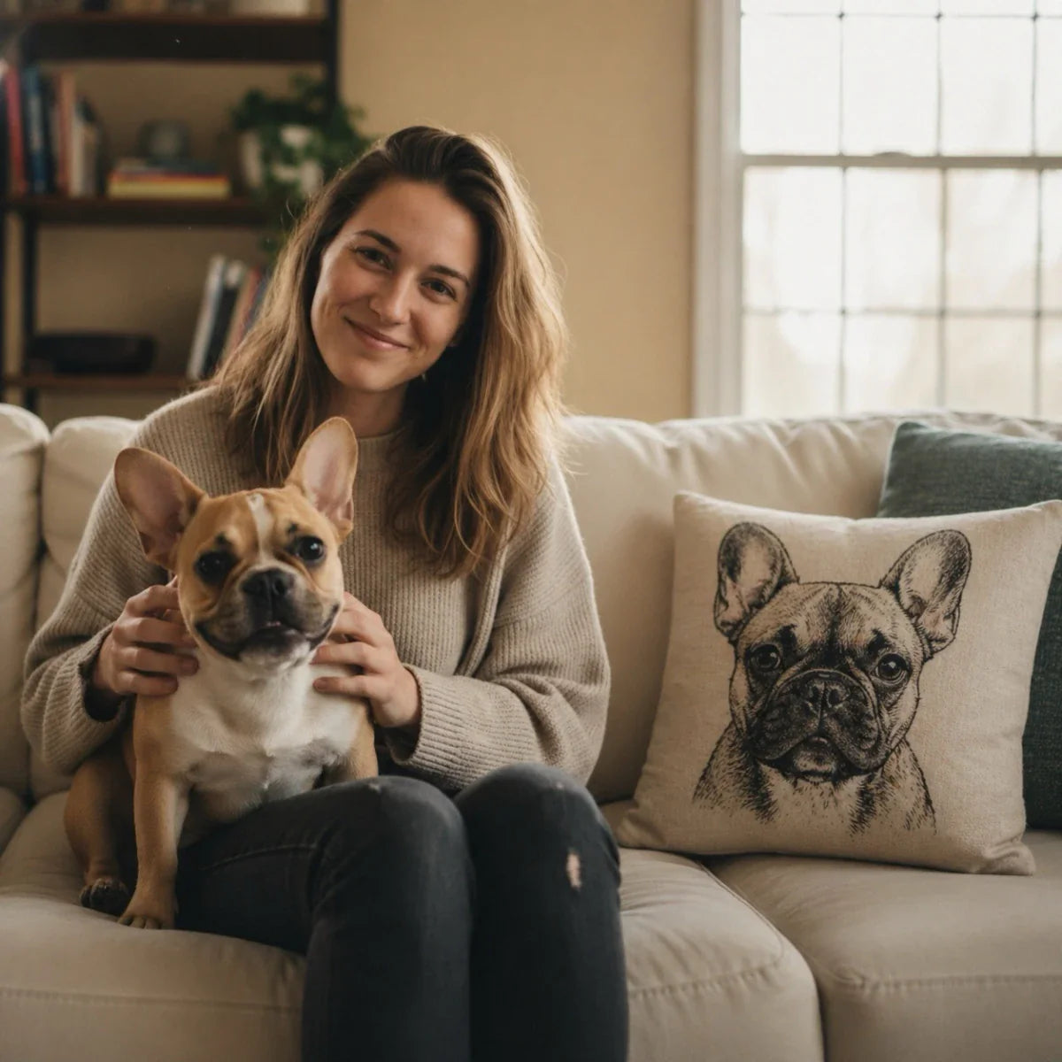 A smiling woman sits on a sofa with her French Bulldog, next to a breed-themed sketch throw pillow. This French Bulldog Gift collection features home decor, apparel, plush toys, and unique accessories for pet parents.