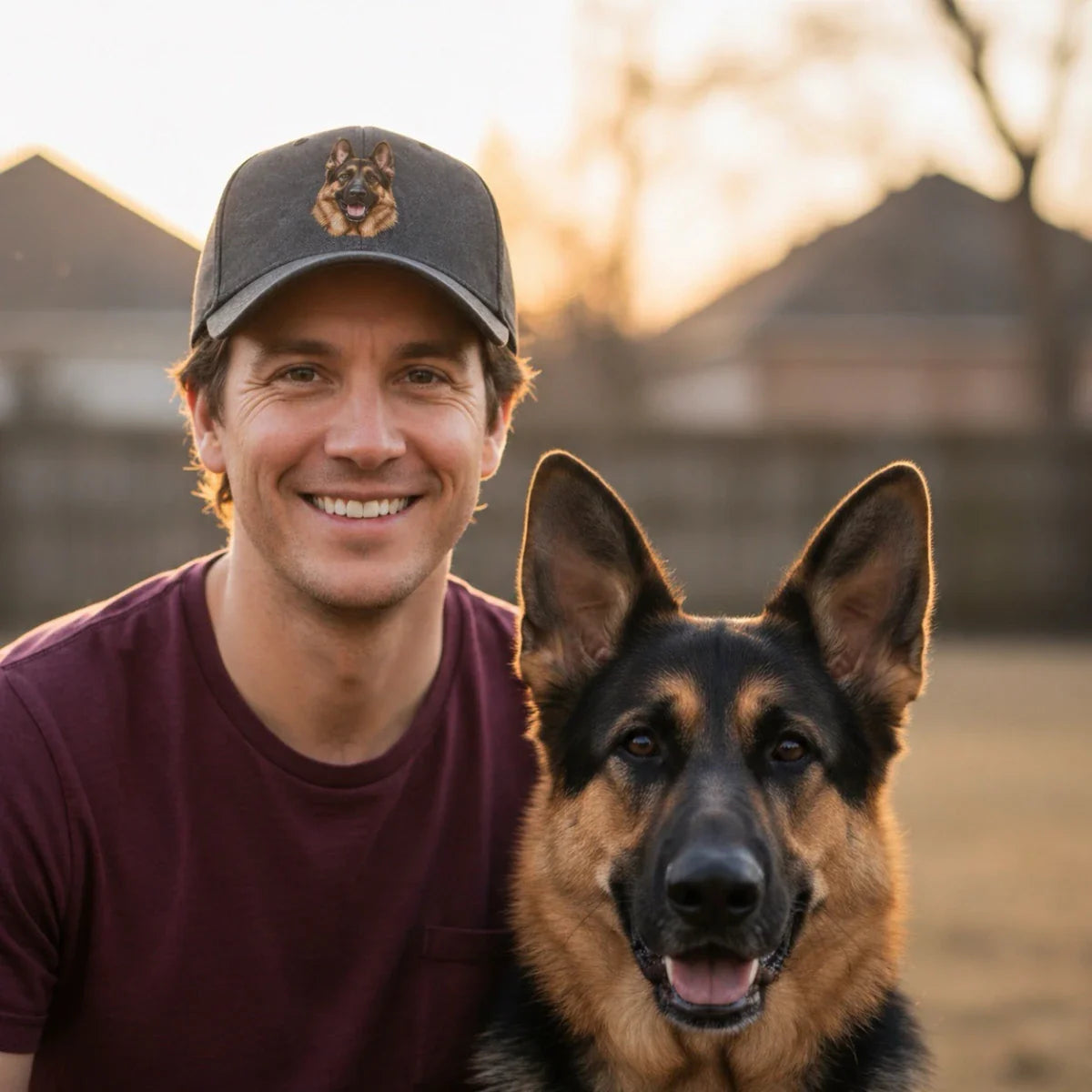 A smiling man wearing a German Shepherd embroidered baseball cap poses with his dog at sunset. This German Shepherd Gift collection features breed-specific apparel, home decor, plush toys, and holiday ornaments.