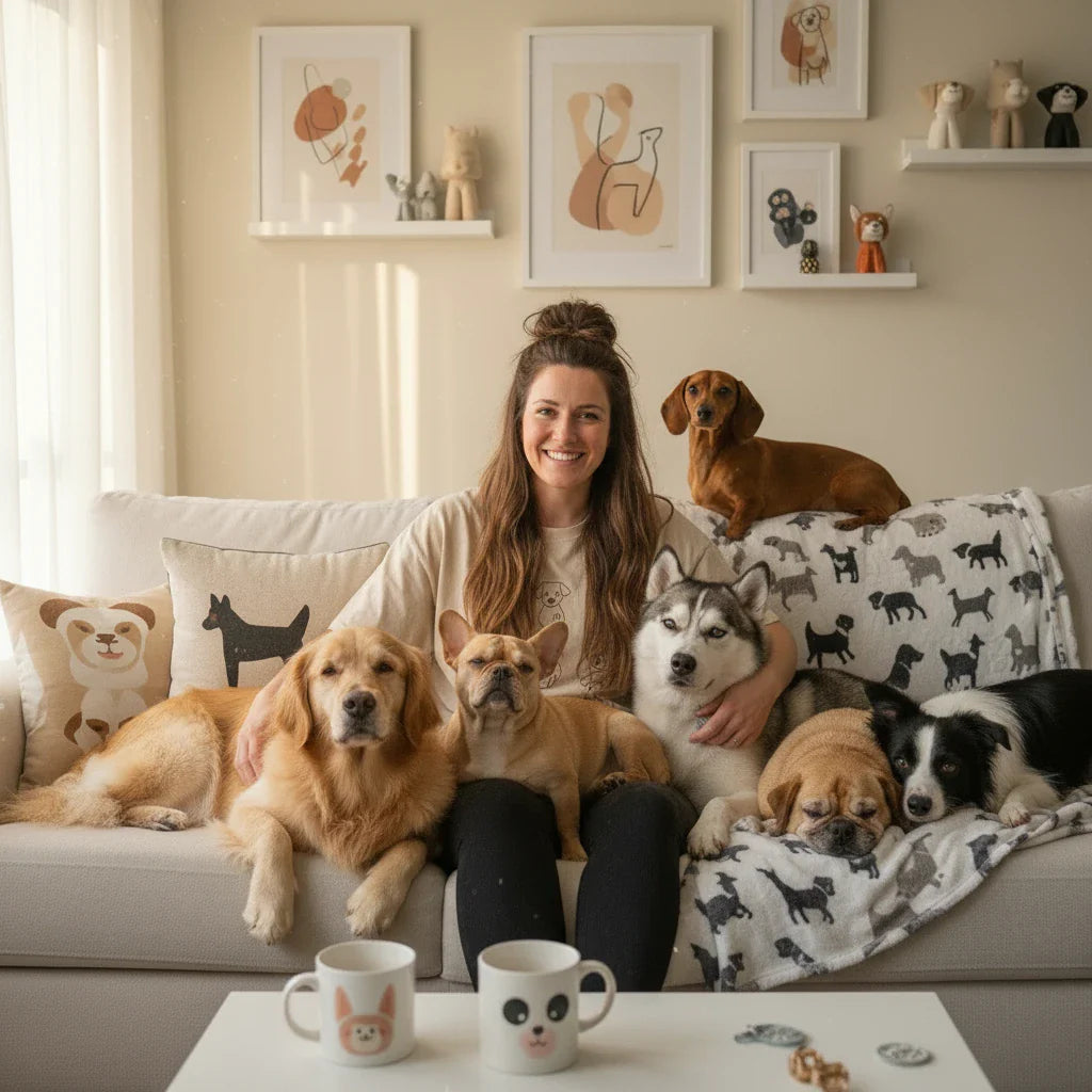 A smiling woman on a sofa surrounded by various dog breeds, featuring pet-themed pillows, blankets, mugs, and wall art. This Dog Gift collection includes apparel and home decor for Golden Retriever and Frenchie lovers.