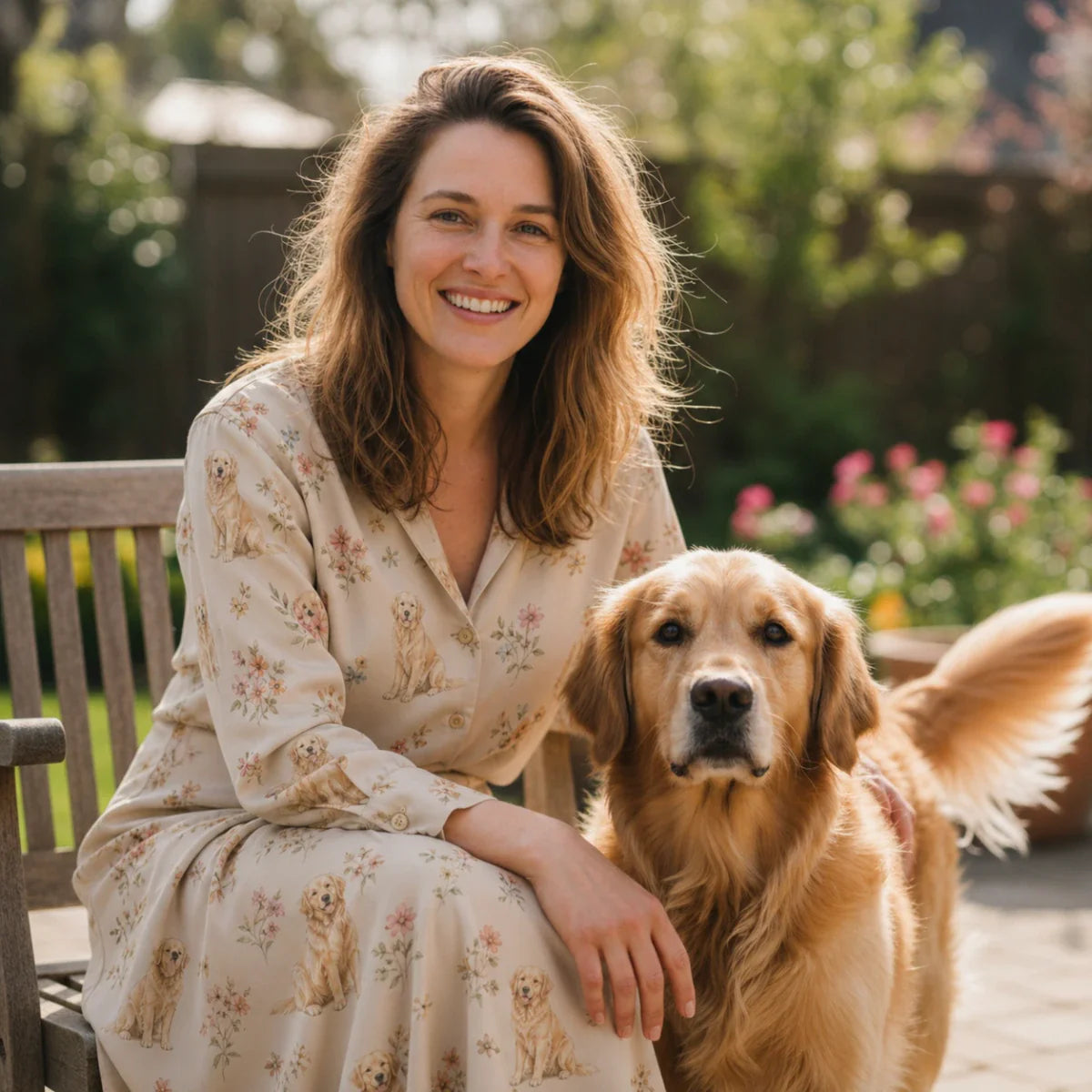 A smiling woman in a Golden Retriever patterned dress sits on a garden bench with her dog. This Golden Retriever Gift collection features breed-themed apparel, home decor, plush toys, and holiday ornaments.