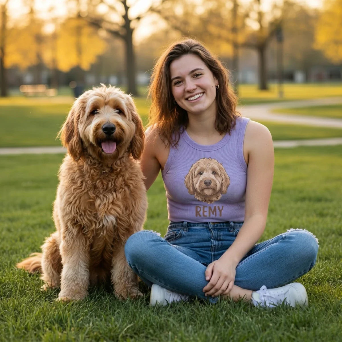 A smiling woman sits on the grass with her Goldendoodle, wearing a purple tank top featuring a custom pet portrait. This Goldendoodle Gift collection includes personalized apparel, home decor, and unique pet accessories.