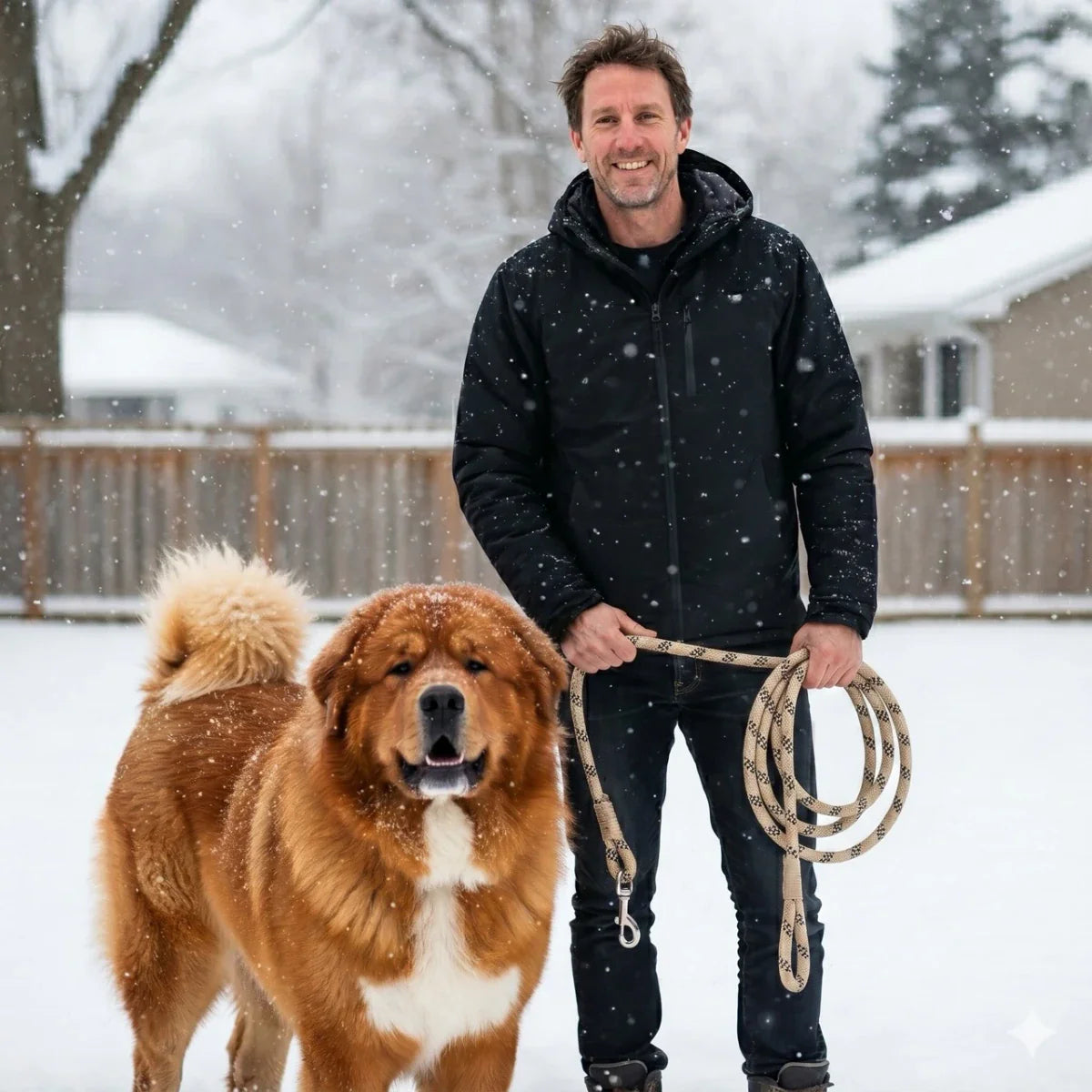 A smiling man in a black winter jacket holds a coiled leash while standing in the snow with his large Tibetan Mastiff. This Tibetan Mastiff Gift collection includes breed-themed apparel, home decor, and winter accessories.
