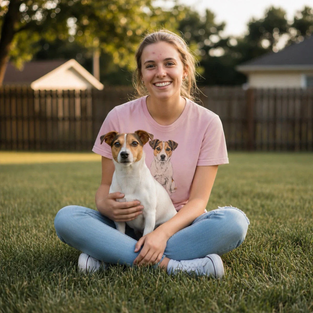 A smiling woman sits cross-legged on a lawn with her Jack Russell Terrier, wearing a pink t-shirt with a matching dog portrait. This Jack Russell Terrier Gift collection features apparel, home decor, and accessories.