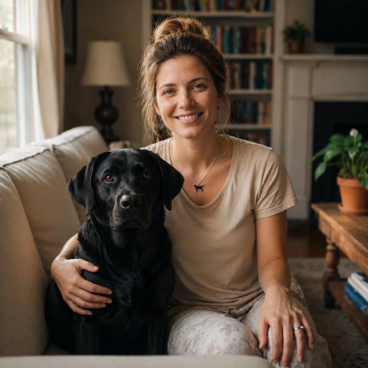 A smiling woman sits on a sofa with her black Labrador Retriever, wearing a silver breed-silhouette necklace. This Labrador Retriever Gift collection features unique jewelry, apparel, home decor, and pet accessories.