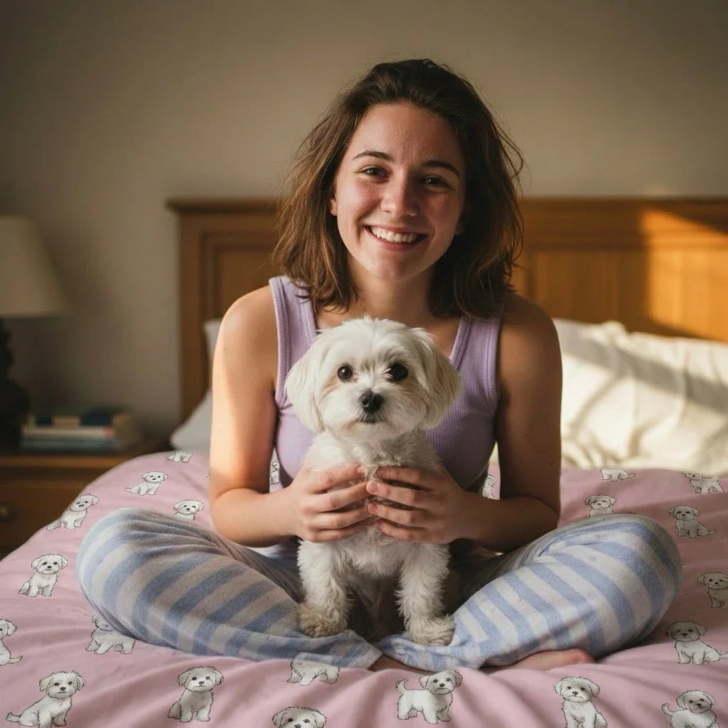 A smiling woman sits on a bed with her Maltese, wearing blue striped pajama pants and sitting on a Maltese-patterned pink duvet. This Maltese Gift collection features breed-themed bedding, apparel, and home decor.