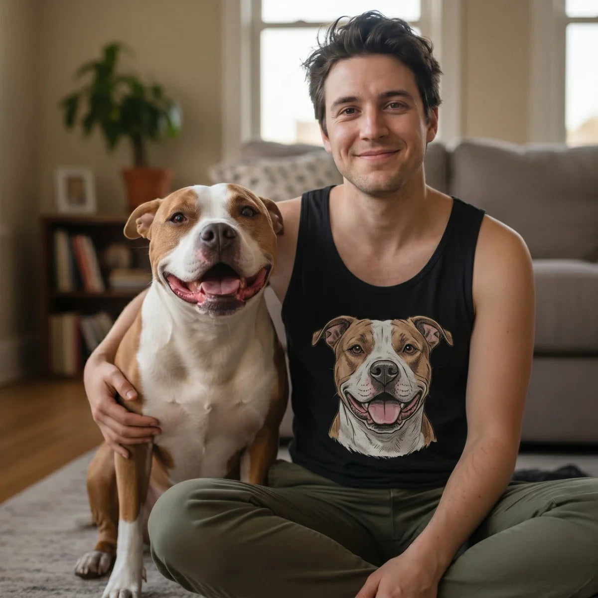 A smiling man sits on a rug with his Pit Bull, wearing a black tank top featuring a custom graphic of his dog's face. This Pit Bull Gift collection features personalized apparel, home decor, and unique accessories.