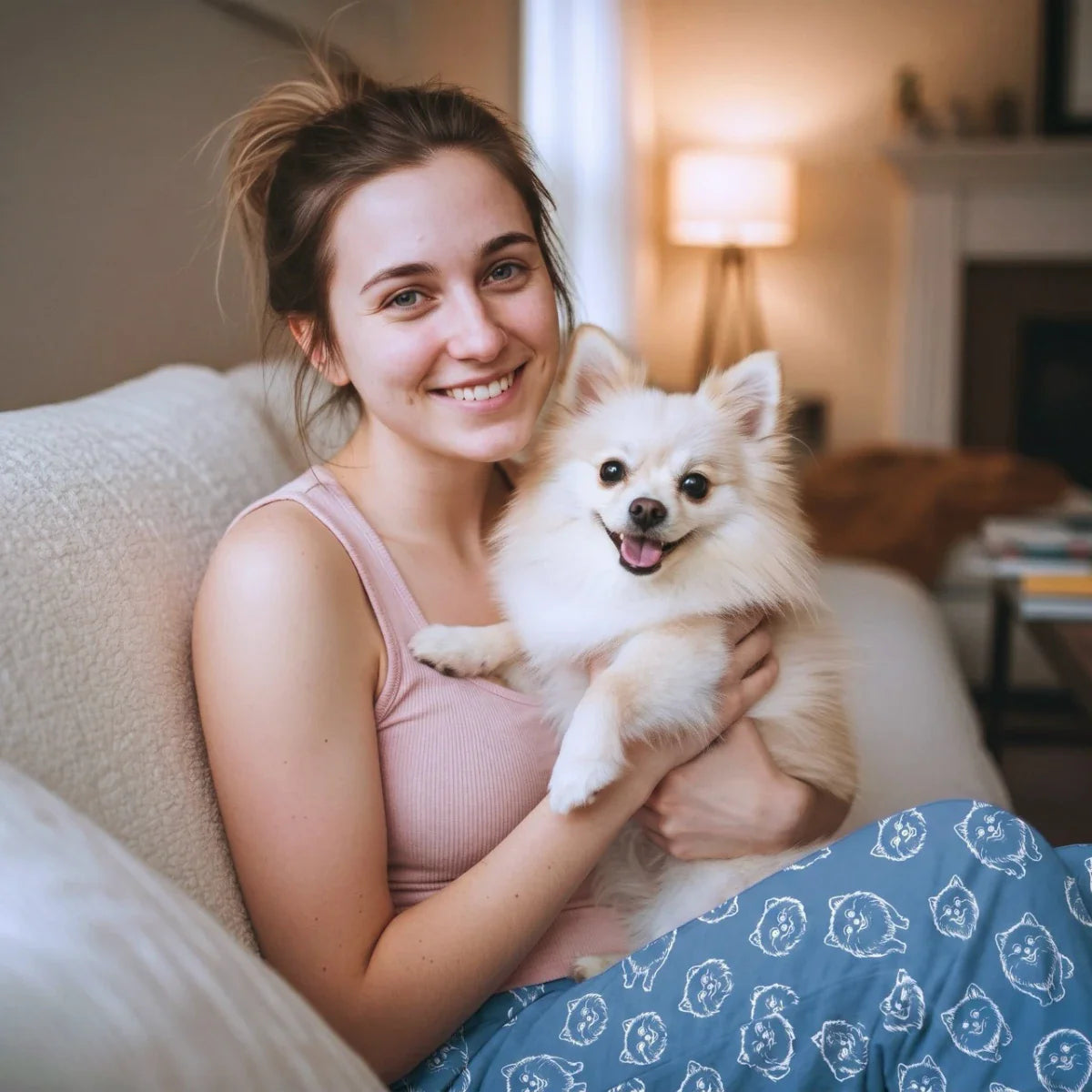 A smiling woman relaxes on a sofa with her Pomeranian, wearing blue pajama pants featuring a repeat Pomeranian face pattern. This Pomeranian Gift collection features breed-specific loungewear, apparel, and home decor.