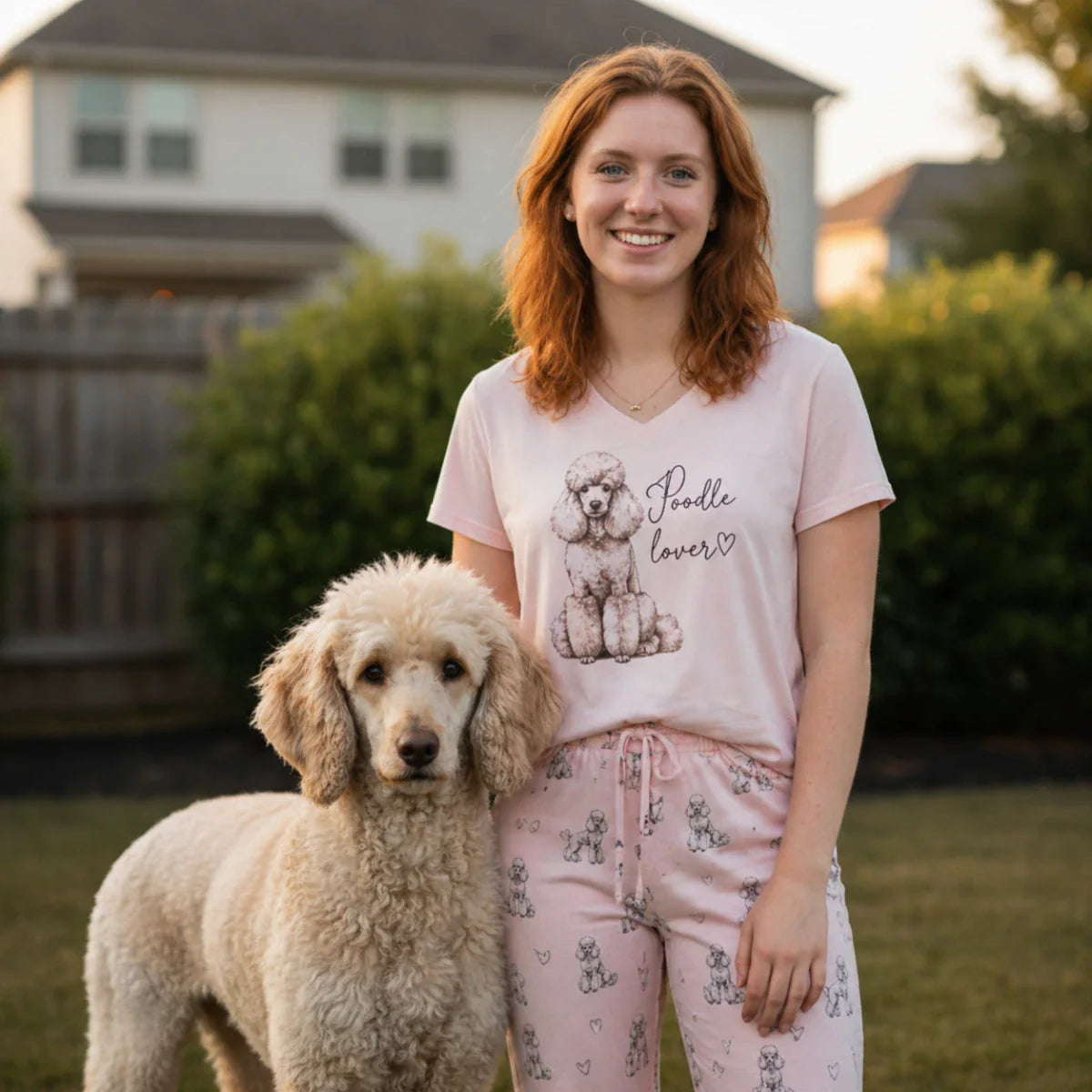 A smiling woman stands in a yard with her Poodle, wearing a "Poodle Lover" pink t-shirt and matching patterned pajama pants. This Poodle Gift collection features breed-specific loungewear, apparel, and home decor.