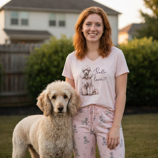 A smiling woman stands in a yard with her Poodle, wearing a "Poodle Lover" pink t-shirt and matching patterned pajama pants. This Poodle Gift collection features breed-specific loungewear, apparel, and home decor.