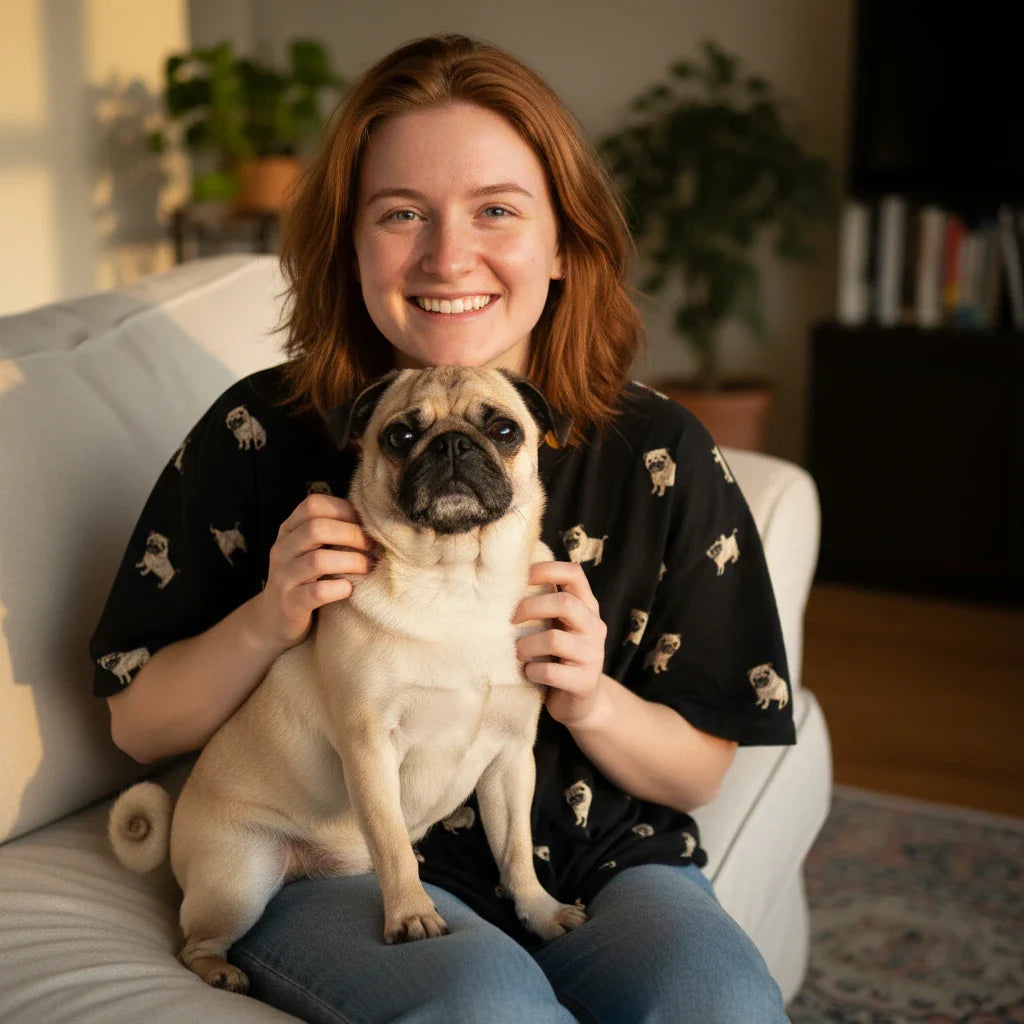 A smiling woman relaxes on a white sofa with her Pug, wearing a black short-sleeved button-down shirt featuring a repeat Pug pattern. This Pug Gift collection features breed-specific apparel, home decor, and pet accessories.