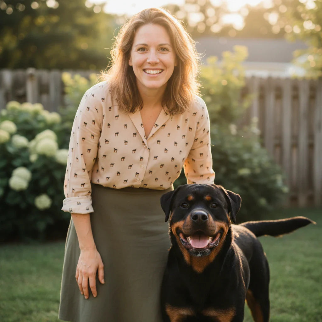 A smiling woman stands in a garden with her Rottweiler, wearing a beige button-down blouse featuring a repeat Rottweiler pattern. This Rottweiler Gift collection features breed-specific apparel, decor, and accessories.