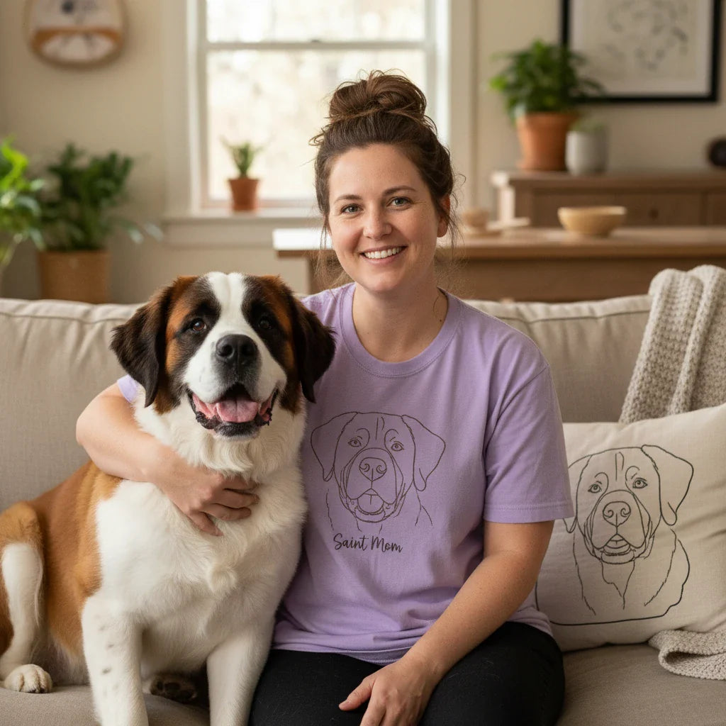 A smiling woman sits on a sofa with her Saint Bernard, wearing a "Saint Mom" purple t-shirt next to a matching line-art throw pillow. This Saint Bernard Gift collection features breed-themed apparel and home decor.