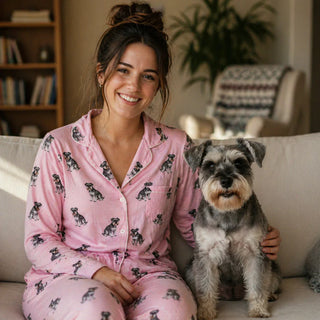 A smiling woman relaxes on a sofa with her Schnauzer, wearing pink button-down pajamas featuring a repeat Schnauzer pattern. This Schnauzer Gift collection features breed-specific loungewear, apparel, and home decor.