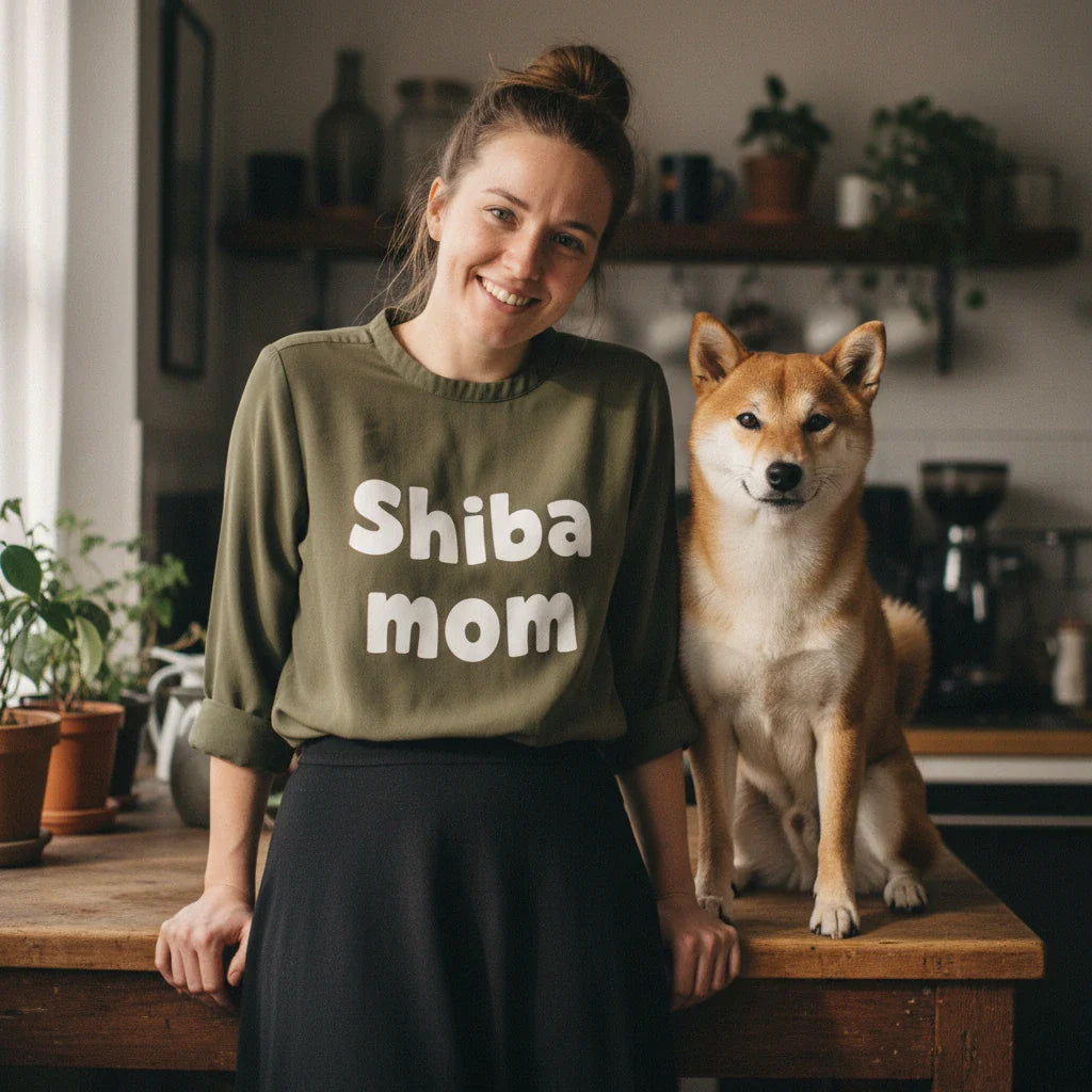 A smiling woman in an olive "Shiba mom" sweatshirt stands in a kitchen with her Shiba Inu sitting on the table. This Shiba Inu Gift collection features breed-specific apparel, home decor, and pet accessories.
