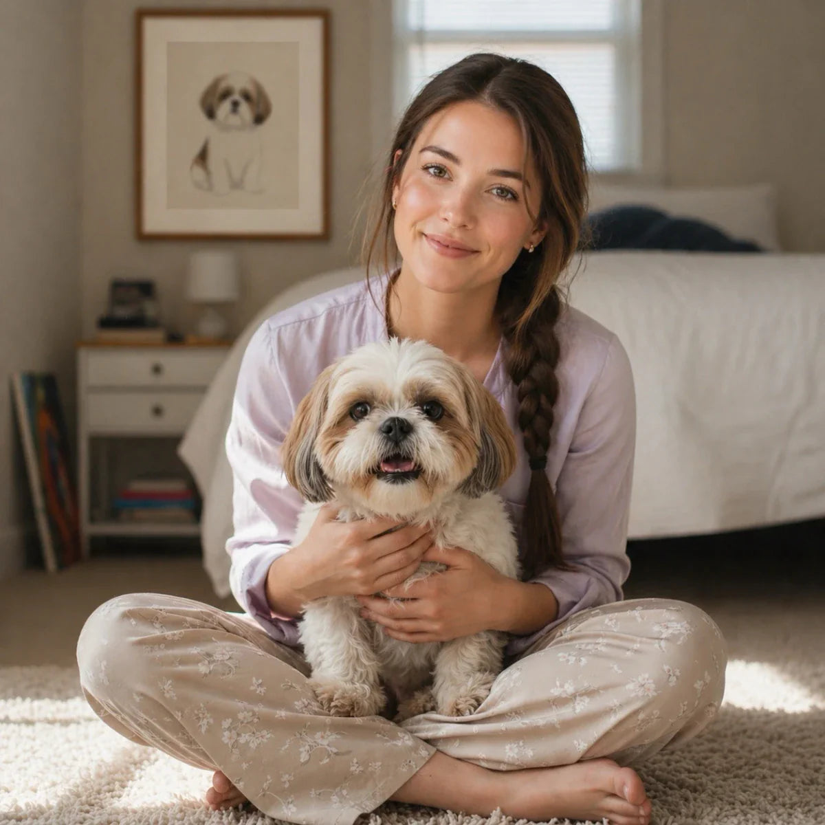A smiling woman sits on a bedroom rug with her Shih Tzu, wearing floral pajama pants with a matching breed-themed art print on the wall. This Shih Tzu Gift collection features unique apparel, home decor, and wall art.