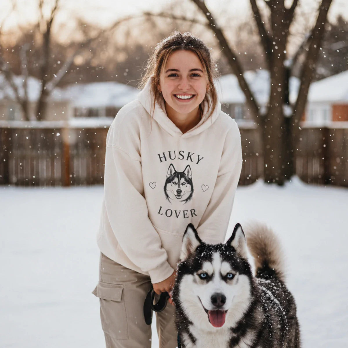 A smiling woman wearing a "Husky Lover" graphic hoodie stands in a snowy backyard with her Siberian Husky. This Husky Gift collection features breed-specific apparel, home decor, plush toys, and holiday ornaments.