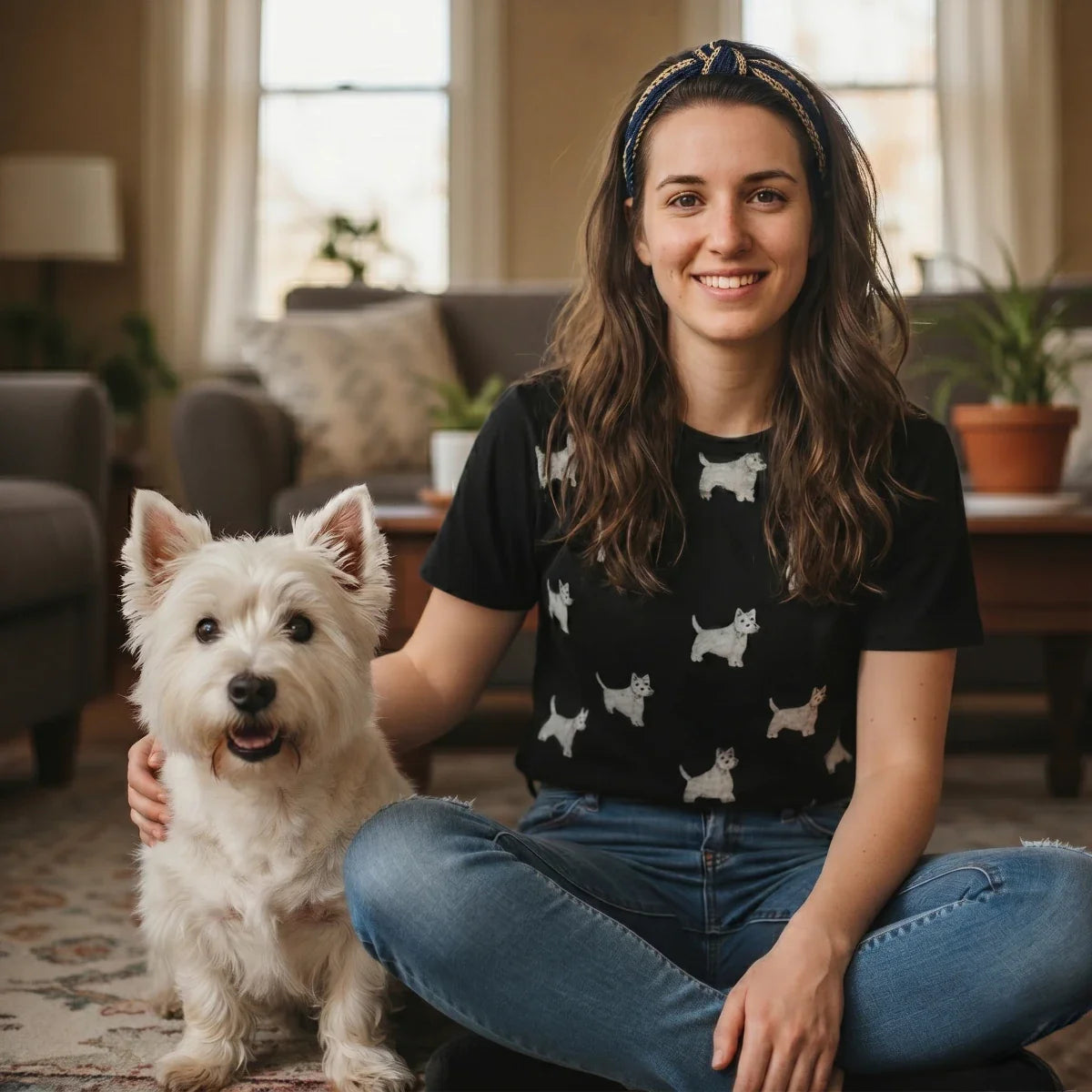 A smiling woman sits on a rug with her Westie, wearing a black t-shirt featuring a repeat West Highland White Terrier pattern. This Westie Gift collection features breed-specific apparel, home decor, and pet accessories.