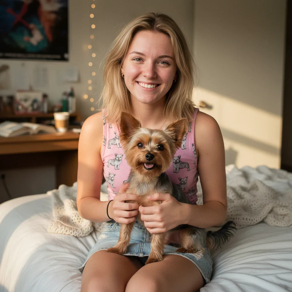 A smiling woman sits on a bed with her Yorkshire Terrier, wearing a pink tank top featuring a repeat Yorkie pattern. This Yorkshire Terrier Gift collection includes breed-themed apparel, home decor, and accessories.