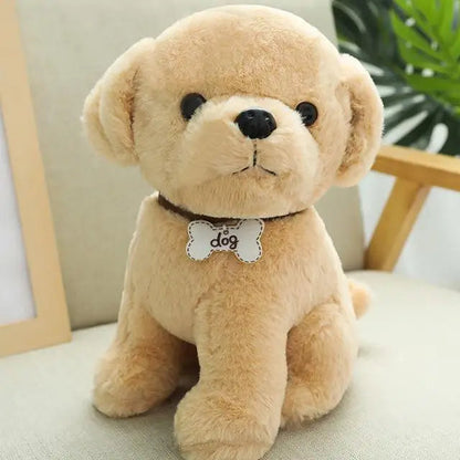 Adorable Golden Retriever Puppy Plush Stuffed Animal with Brown Collar and Bone Tag