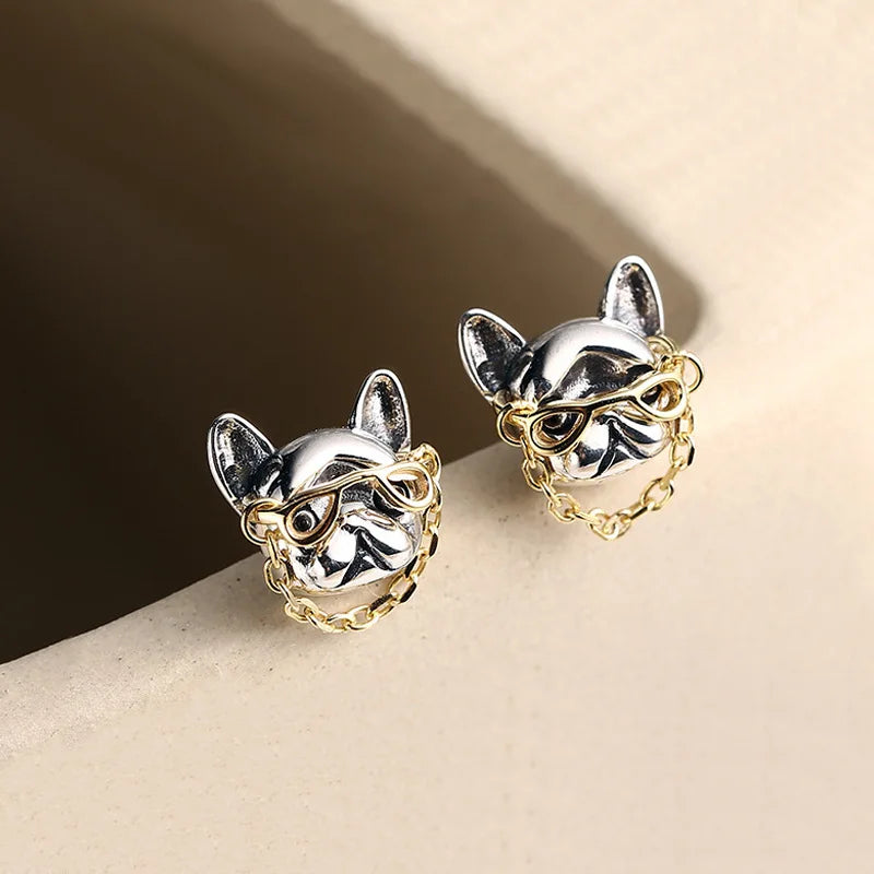 French Bulldog Silver Stud Earrings with Glasses – Cute Frenchie Dog Lover Gift