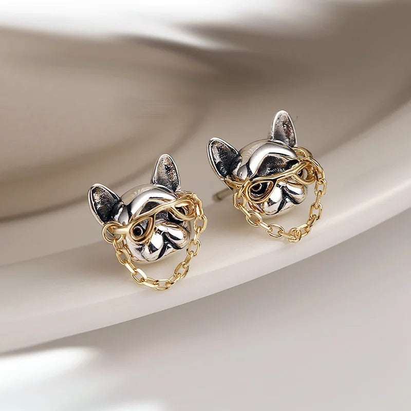 French Bulldog Silver Stud Earrings with Glasses – Cute Frenchie Dog Lover Gift