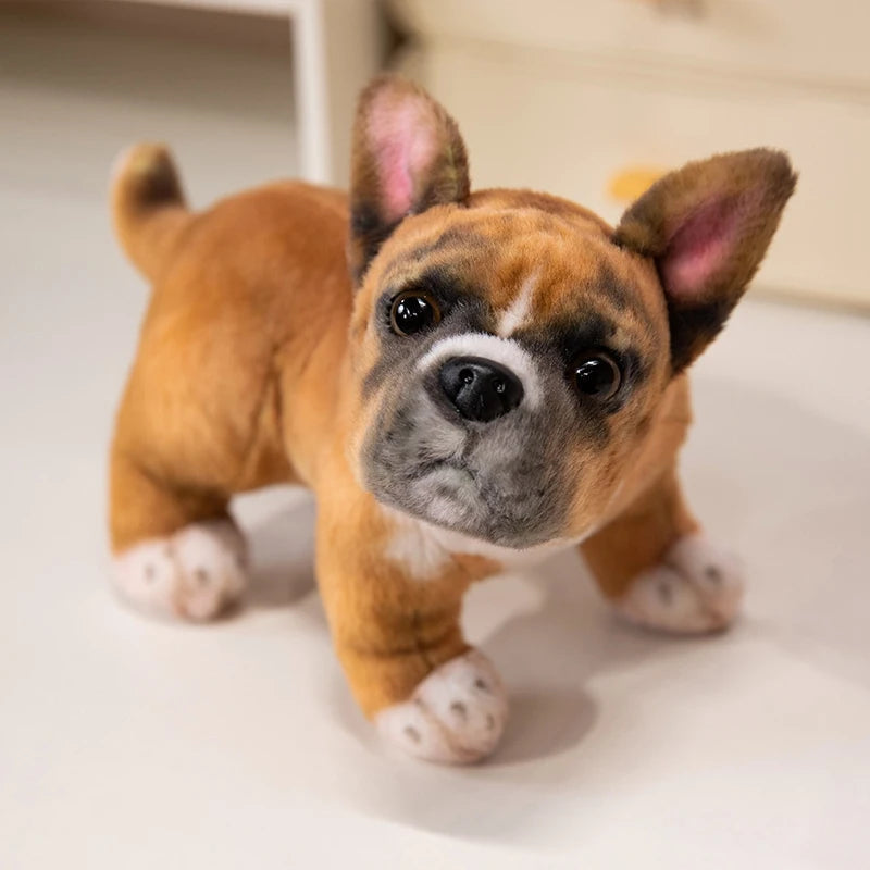 Realistic Fawn French Bulldog Stuffed Animal with Black Mask & White Paw Socks
