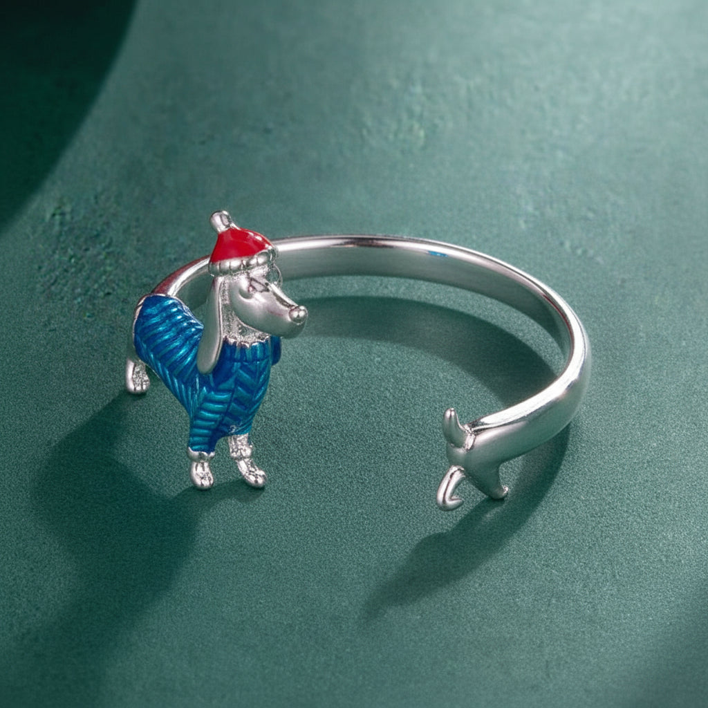 Silver Dachshund Christmas Ring – Festive Puppy Dog Jewelry for Women